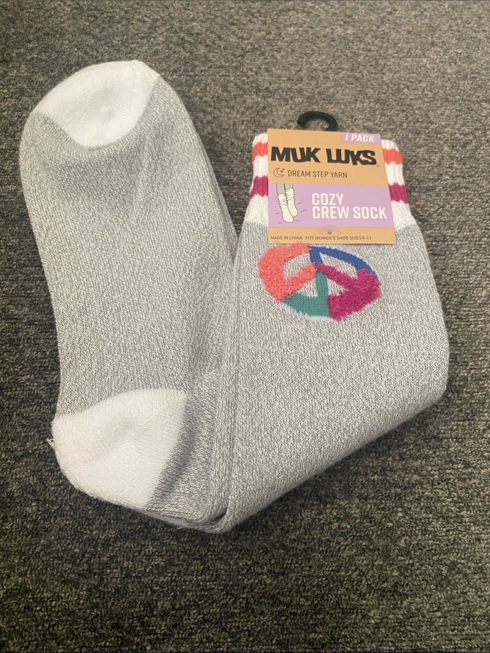 Muk Luks Gray Crew Socks with Colorful Peace Sign and Striped Cuff